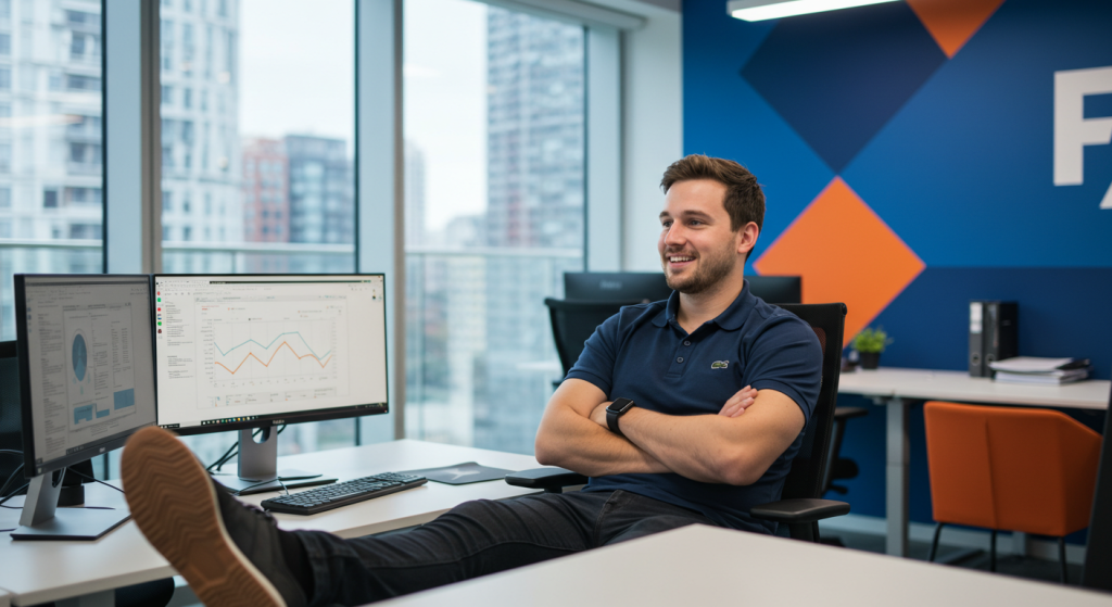 A young Australian consultant sitting back in his chair, smilling with his arms crossed, watching his computer screen.