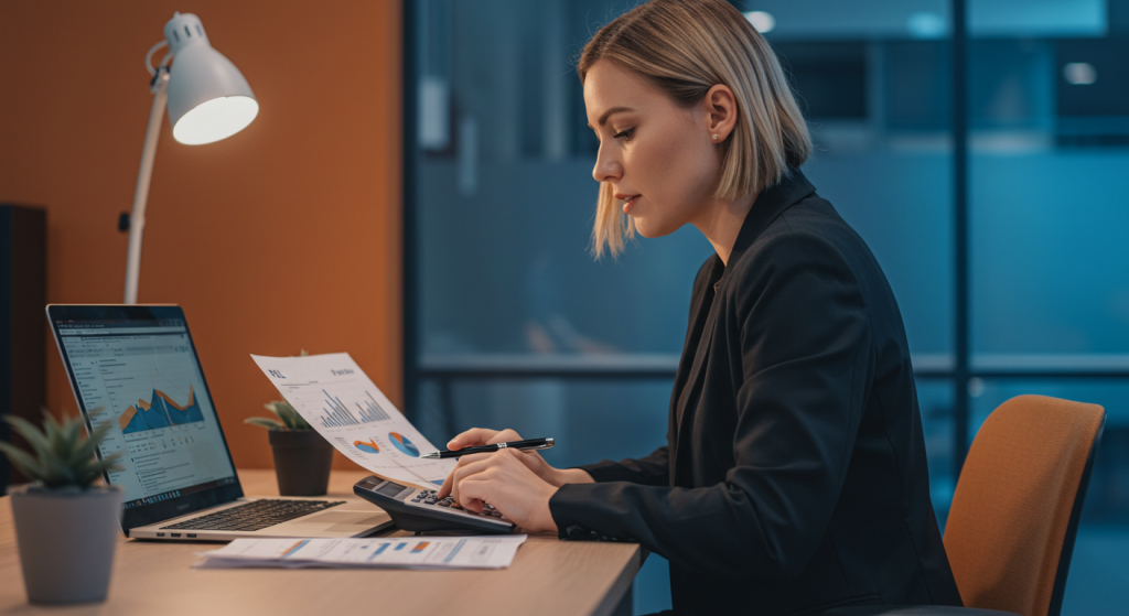 A A young, casually dressed Australian business manager reviewing a P&L report on her laptop, working on a calculator in her hands.