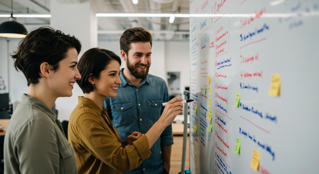 Australian startup business team looking at a pros and cons list on a whiteboard.