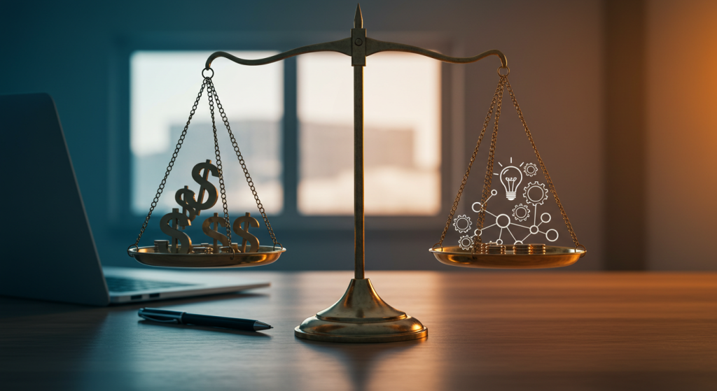 Scales with one side showing dollar signs and the other side showing innovation icons (lightbulbs, gears, network nodes), symbolising ROI vs long-term value.