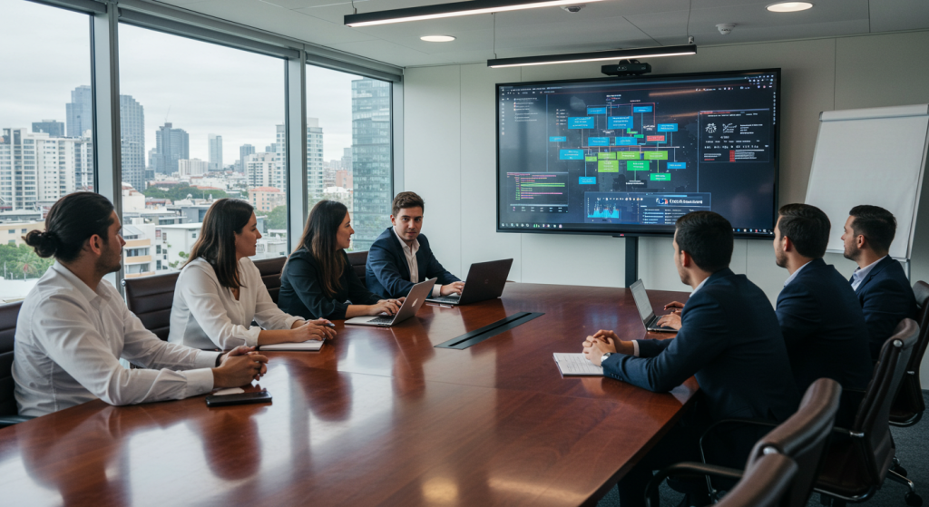 Young Australian executives in a modern boardroom, with risk matrices projected on a large screen, discussing AI compliance and governance frameworks.