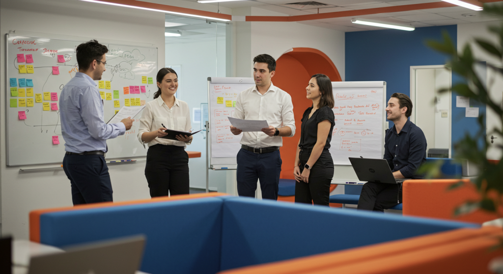 Young, Australian professionals, gathered in an open, collaborative workspace with sticky notes, whiteboards.