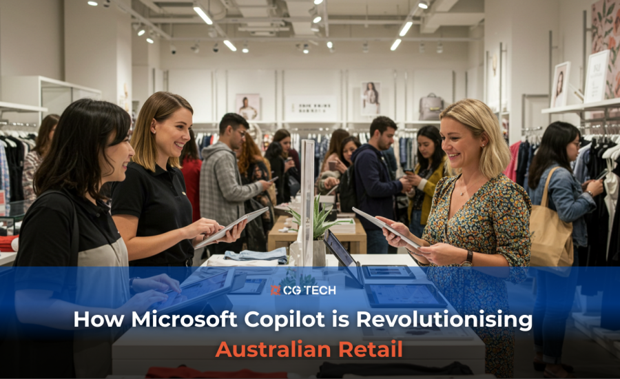 Retail staff and customers interact using tablets at a busy Australian clothing store checkout. The image highlights how Microsoft Copilot is supporting retail teams with real-time information and improved customer service. CG TECH branding appears along the bottom of the image.
