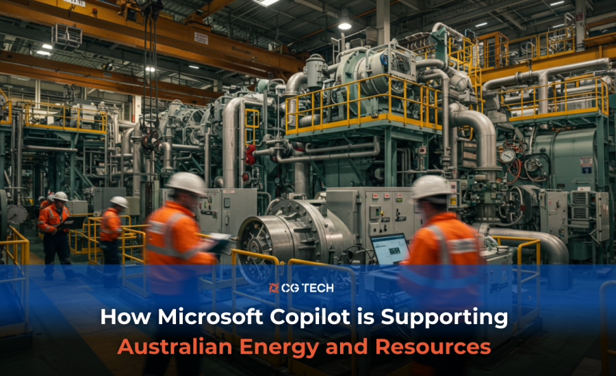 Australian power plant interior with engineers using digital tools on the operations floor, illustrating how Microsoft Copilot is supporting the energy and resources sector through smarter maintenance, safety, and operational insights.