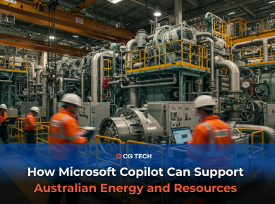 Australian power plant interior with engineers using digital tools on the operations floor, illustrating how Microsoft Copilot is supporting the energy and resources sector through smarter maintenance, safety, and operational insights.