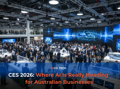 Crowded CES 2026 exhibition hall showcasing large-scale AI and technology displays, with business leaders networking around digital twin, autonomous vehicle, and smart manufacturing demonstrations.