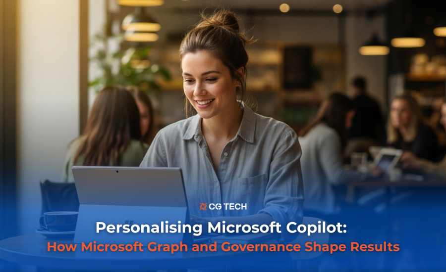 Smiling professional using a laptop in a modern café workspace with CG TECH branding and the text “Personalised Copilot Powered by Your Work Graph”.