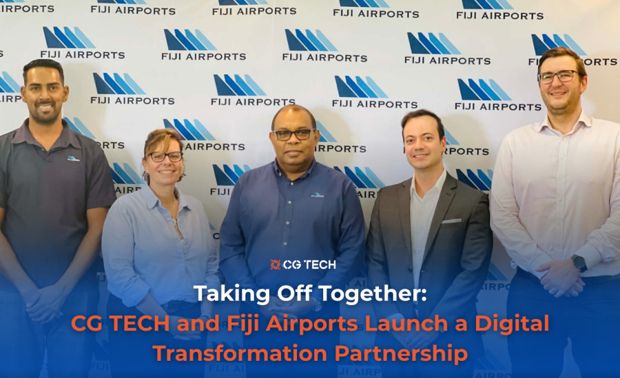 Group photo of CG TECH and Fiji Airports team in front of Fiji Airports backdrop, announcing a digital transformation partnership.