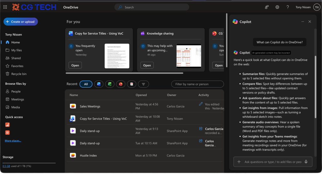 Microsoft 365 Copilot in OneDrive displaying AI-powered file actions and recent documents in a dark mode interface.