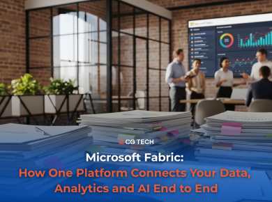 Business team reviewing Microsoft Fabric analytics dashboards, representing CG TECH's end-to-end data and AI platform blog.