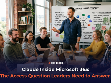 Business team in a modern office reviewing a Claude and Microsoft 365 integration plan on a whiteboard, with Microsoft app icons and use cases visible.