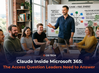 Business team in a modern office reviewing a Claude and Microsoft 365 integration plan on a whiteboard, with Microsoft app icons and use cases visible.