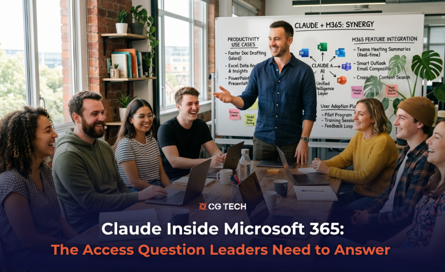 Business team in a modern office reviewing a Claude and Microsoft 365 integration plan on a whiteboard, with Microsoft app icons and use cases visible.