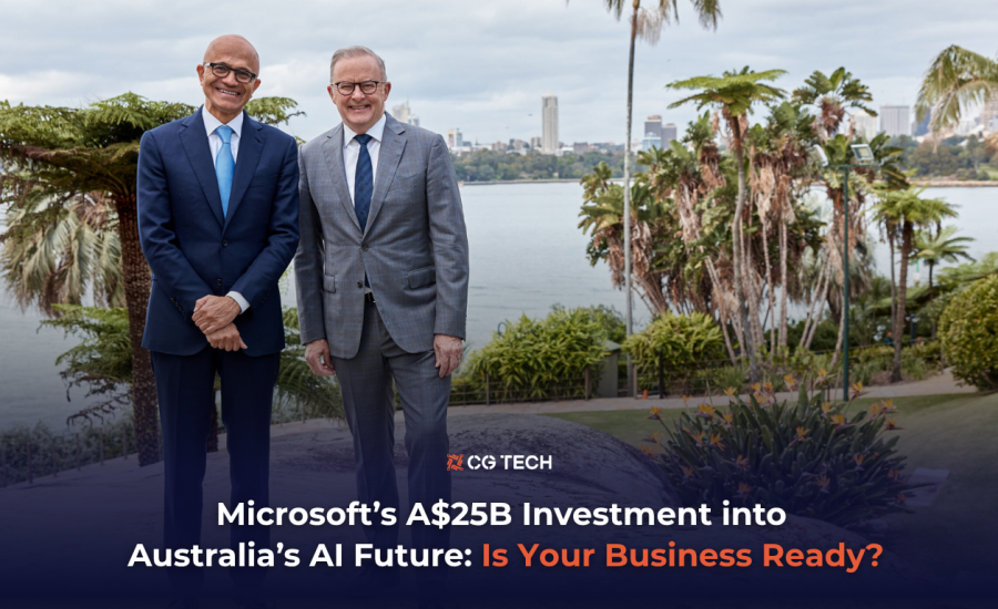Microsoft CEO Satya Nadella and Australian Prime Minister Anthony Albanese at the Microsoft AI Tour in Sydney, where Microsoft announced a A$25 billion investment in Australia's AI and cloud infrastructure.