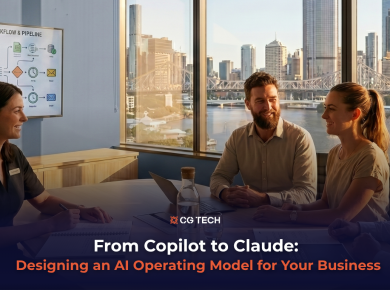 Business leaders in a Brisbane boardroom discussing an AI operating model, with an automation workflow diagram on the wall.