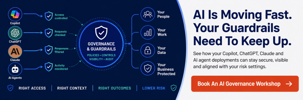 AI governance and guardrails banner showing secure deployment of Copilot, ChatGPT, Claude and AI agents with data protection and risk management controls.