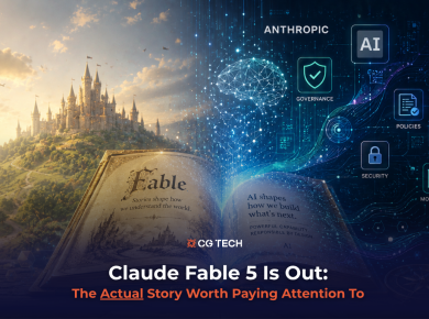 An open storybook transitions from a fantasy castle scene into a digital AI brain surrounded by governance icons including identity, policies, security and monitoring, with the CG TECH logo and blog title overlaid.