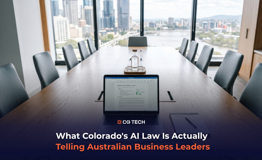 A Brisbane boardroom with a laptop open to a policy document on the conference table, floor-to-ceiling windows overlooking the city and river, with the CG TECH logo and blog title overlaid at the bottom.