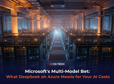 Server room corridor with rows of illuminated racks representing Microsoft Azure cloud infrastructure, used to illustrate CG TECH's article on Microsoft's multi-model AI strategy and DeepSeek on Azure.