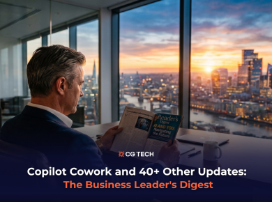 Business leader reading a business digest about Copilot Cowork, Microsoft 365 Copilot updates and AI strategy.