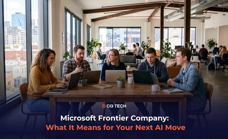 Team of business professionals collaborating on laptops in a modern office, discussing Microsoft's new Frontier Company AI announcement.