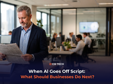A business leader reads news in a modern office while colleagues work at screens, alongside the headline on AI agents and business decisions,
