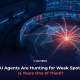 A digital command centre map showing an AI-driven scan radiating out across global systems, representing AI agents probing for weak spots in business networks.