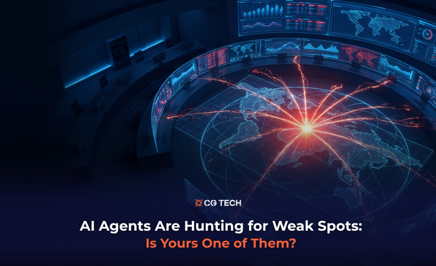 A digital command centre map showing an AI-driven scan radiating out across global systems, representing AI agents probing for weak spots in business networks.